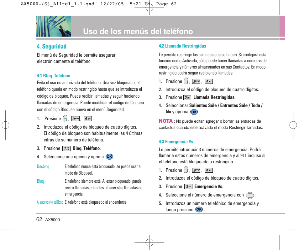 Uso de los menús del teléfono, Seguridad | LG AX5000 User Manual | Page 150 / 174