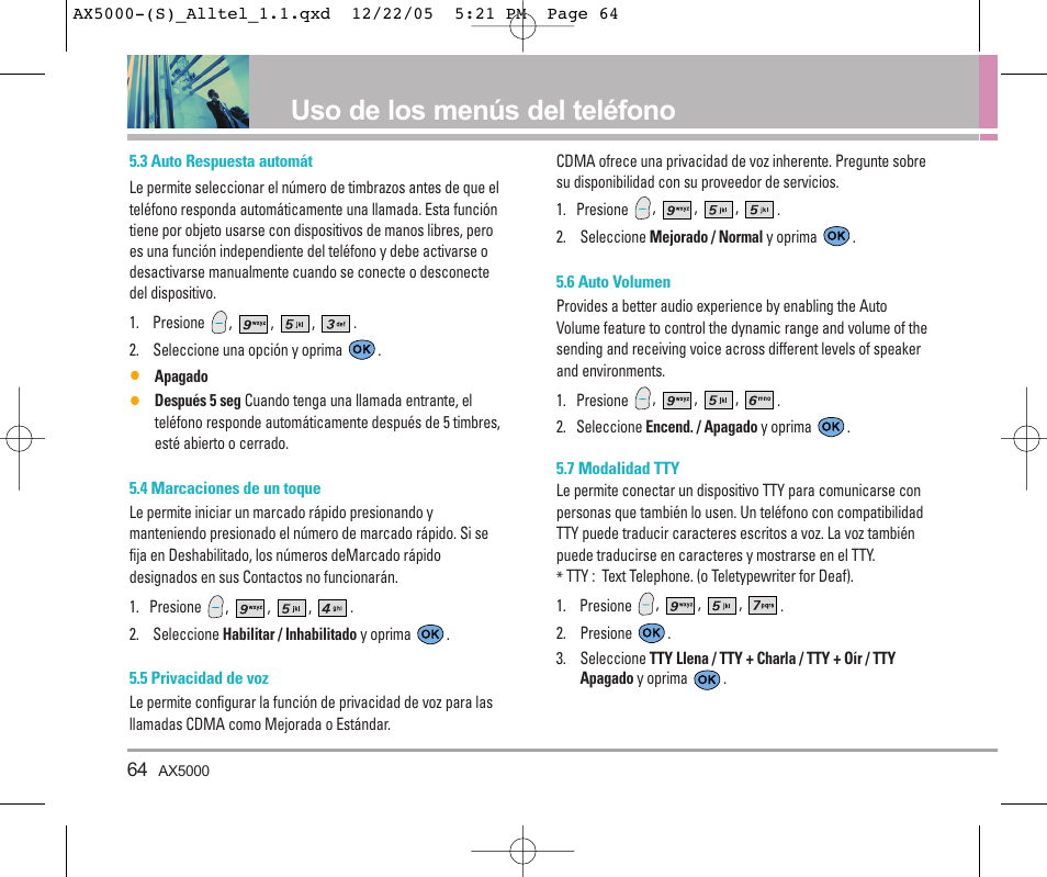 Uso de los menús del teléfono | LG AX5000 User Manual | Page 152 / 174