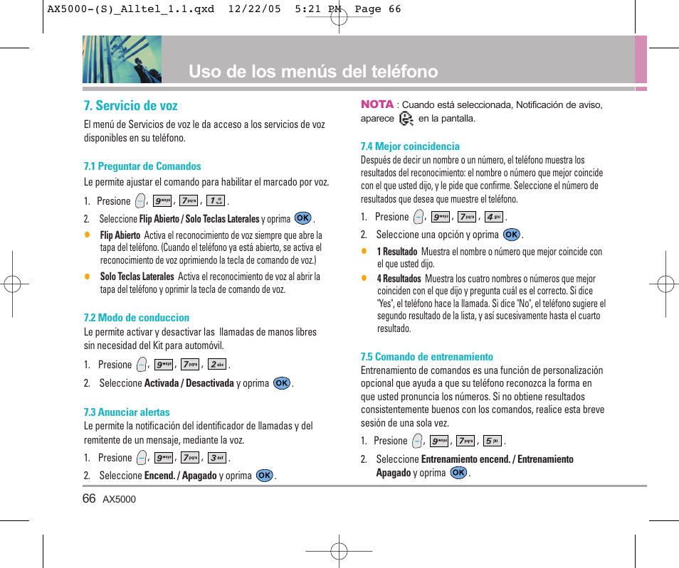 Uso de los menús del teléfono, Servicio de voz | LG AX5000 User Manual | Page 154 / 174