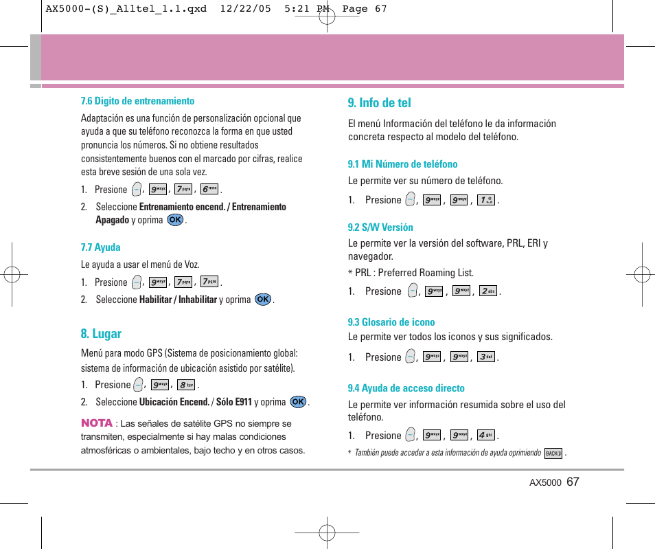 Lugar, Info de tel | LG AX5000 User Manual | Page 155 / 174