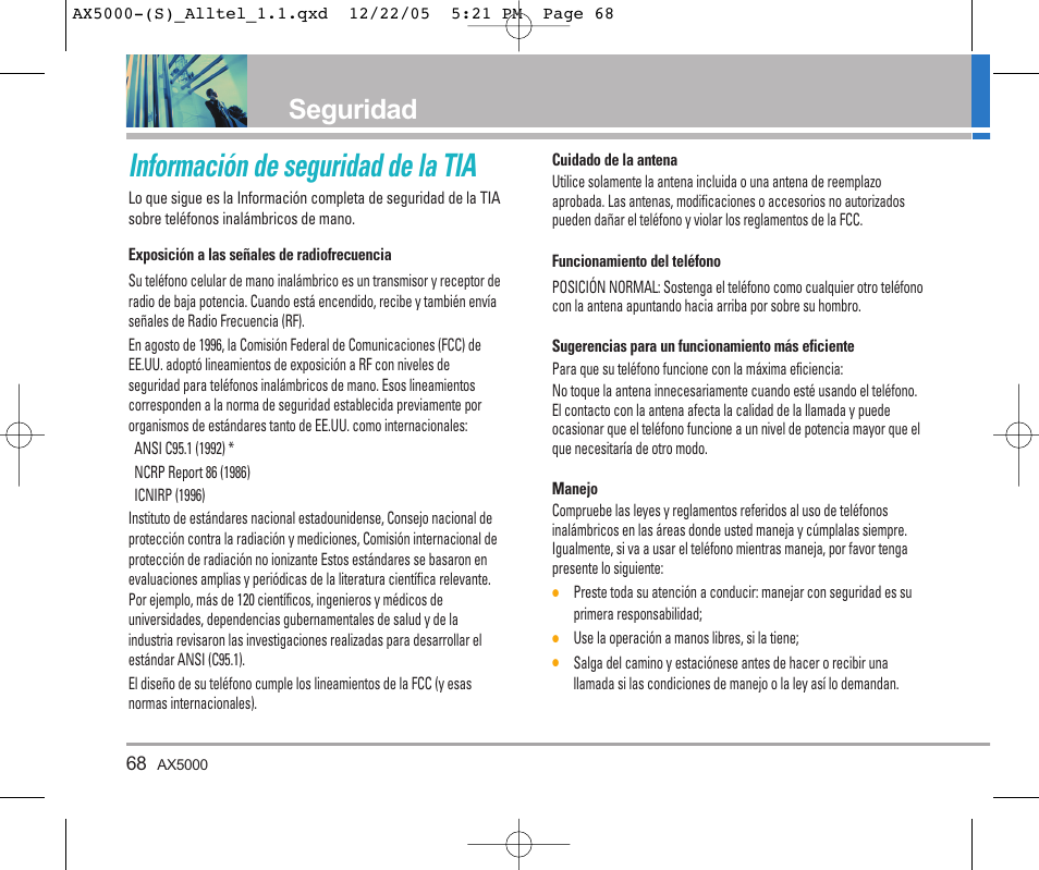 Información de seguridad de la tia, Seguridad | LG AX5000 User Manual | Page 156 / 174