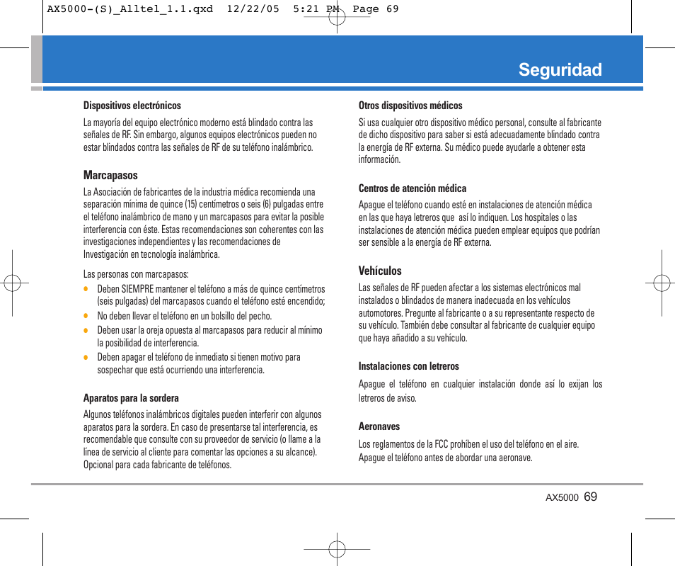 Seguridad | LG AX5000 User Manual | Page 157 / 174