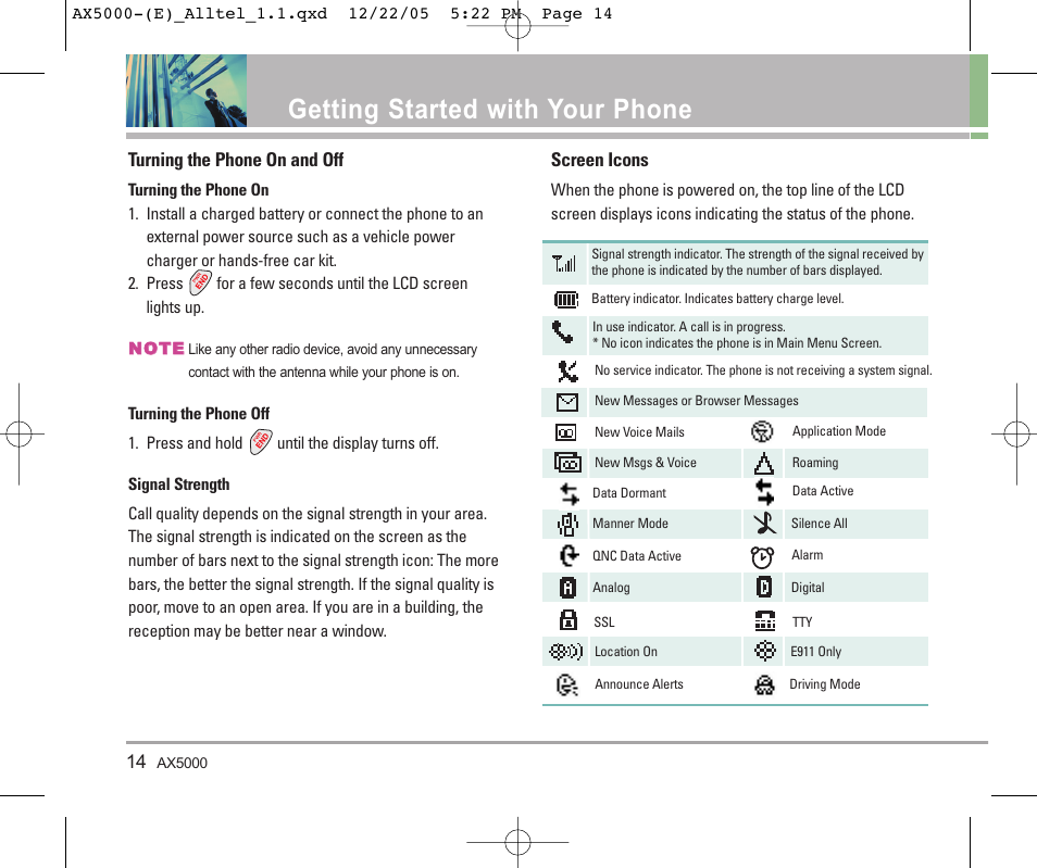 Getting started with your phone | LG AX5000 User Manual | Page 16 / 174