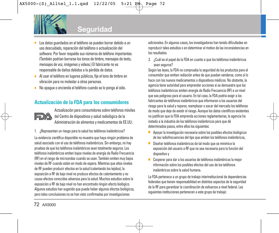 Seguridad, Actualización de la fda para los consumidores | LG AX5000 User Manual | Page 160 / 174