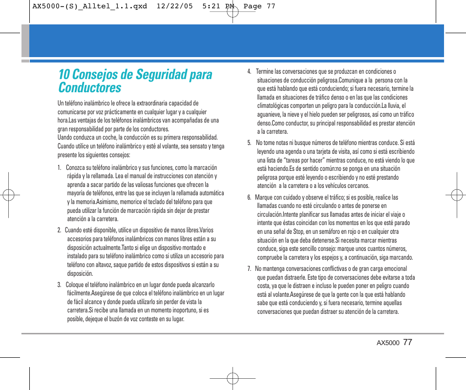 10 consejos de seguridad para conductores | LG AX5000 User Manual | Page 165 / 174