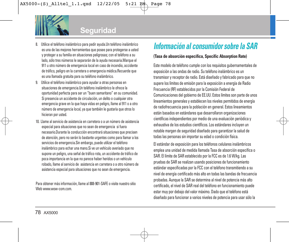 Información al consumidor sobre la sar, Seguridad | LG AX5000 User Manual | Page 166 / 174