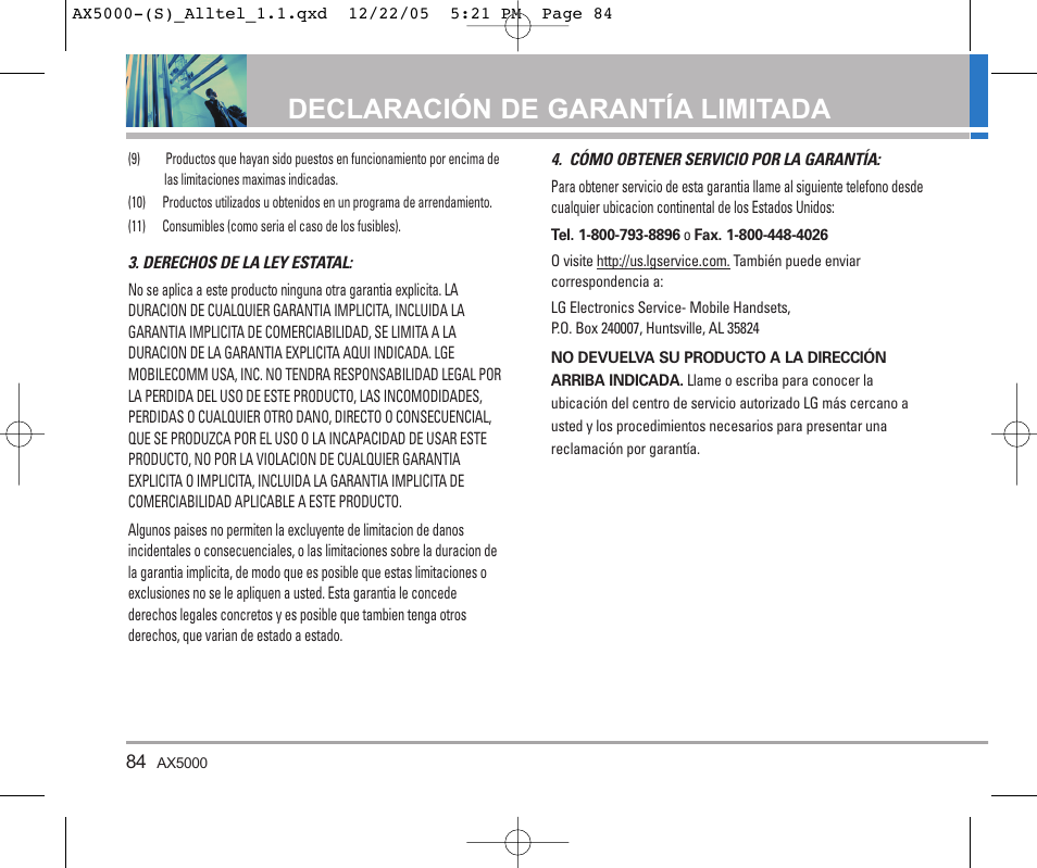 Declaración de garantía limitada | LG AX5000 User Manual | Page 172 / 174