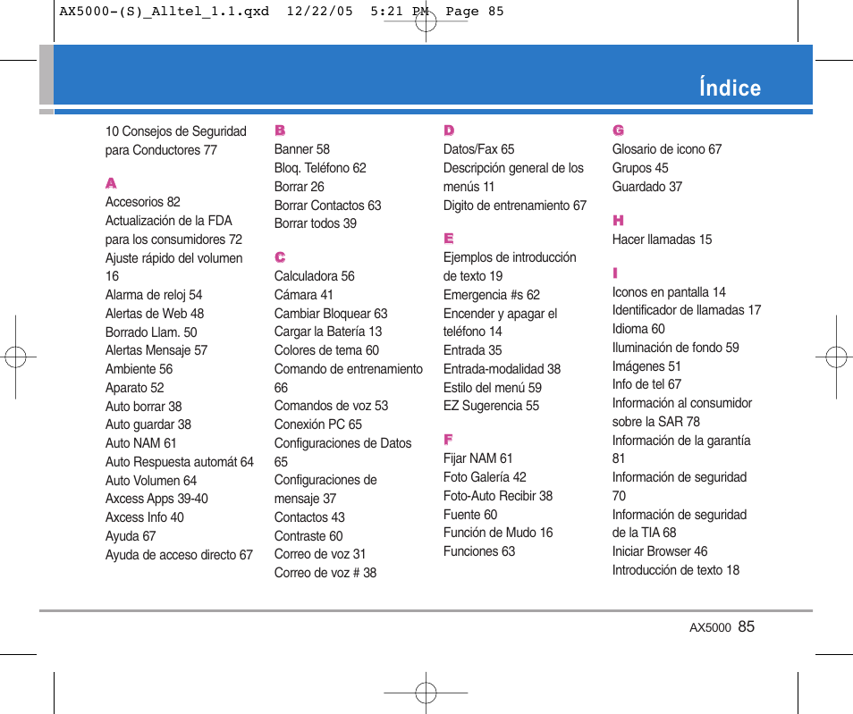 Índice | LG AX5000 User Manual | Page 173 / 174