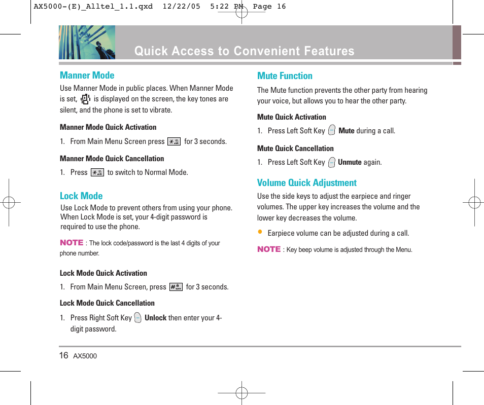 Quick access to convenient features, Manner mode, Lock mode | Mute function, Volume quick adjustment | LG AX5000 User Manual | Page 18 / 174