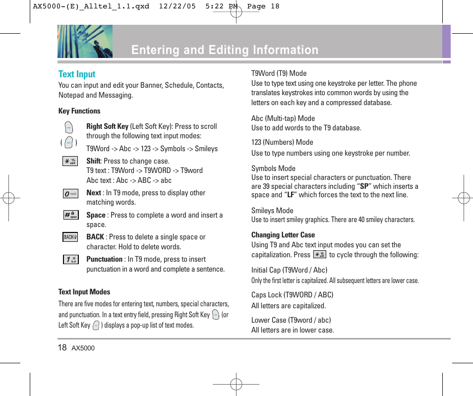 Entering and editing information, Text input | LG AX5000 User Manual | Page 20 / 174