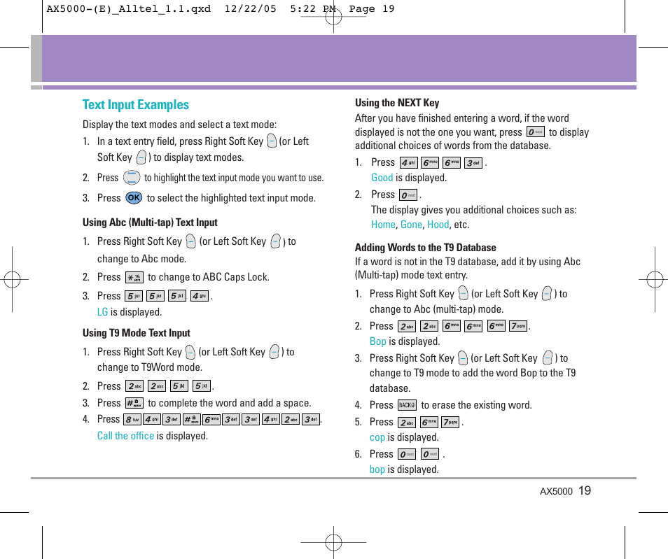 Text input examples | LG AX5000 User Manual | Page 21 / 174