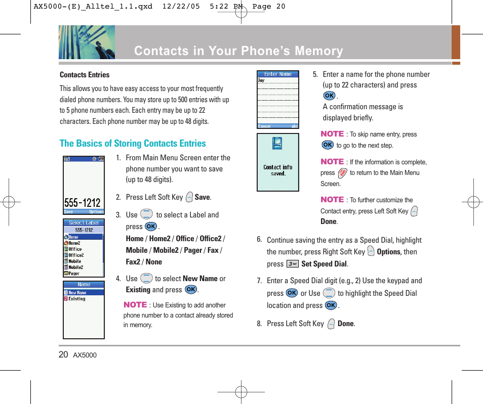 The basics of storing contacts entries | LG AX5000 User Manual | Page 22 / 174