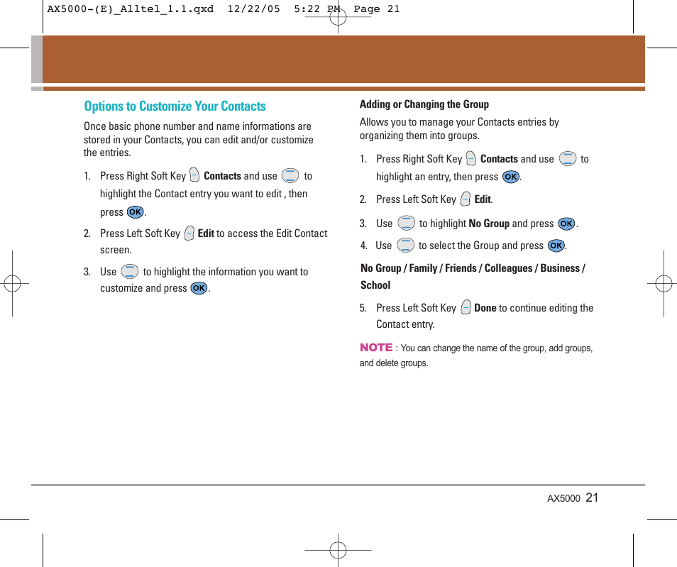 Options to customize your contacts | LG AX5000 User Manual | Page 23 / 174