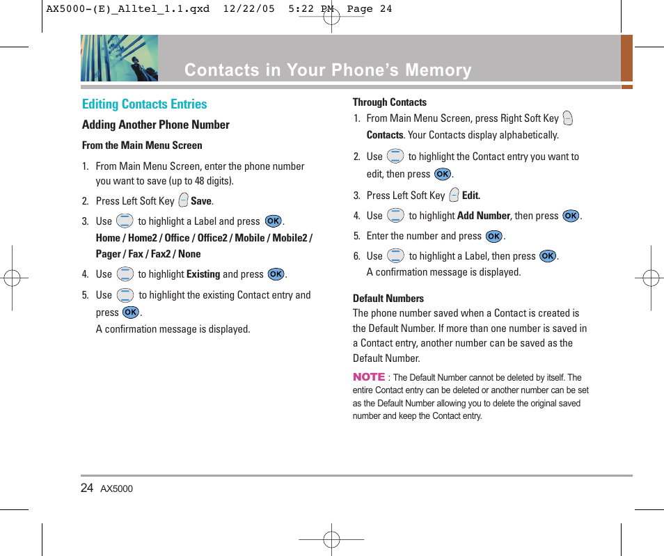 Editing contacts entries | LG AX5000 User Manual | Page 26 / 174