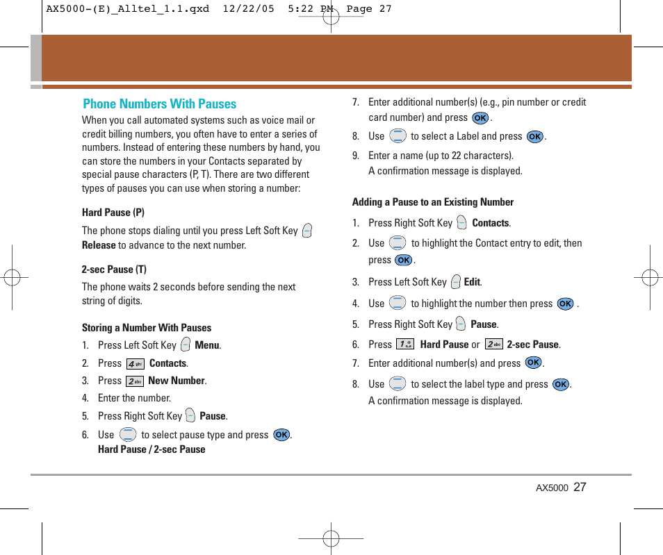 Phone numbers with pauses | LG AX5000 User Manual | Page 29 / 174