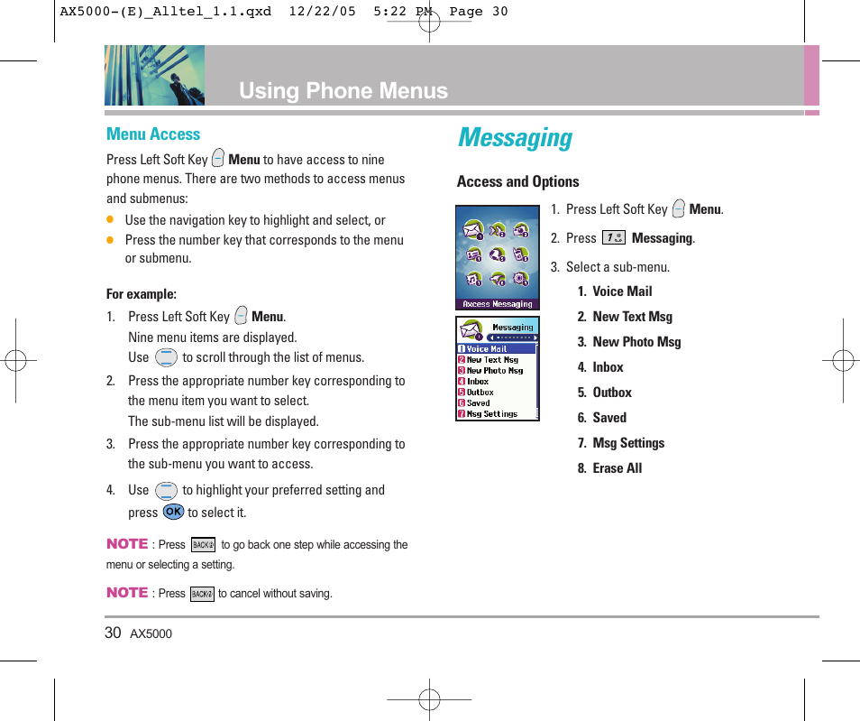 Messaging, Using phone menus, Menu access | LG AX5000 User Manual | Page 32 / 174