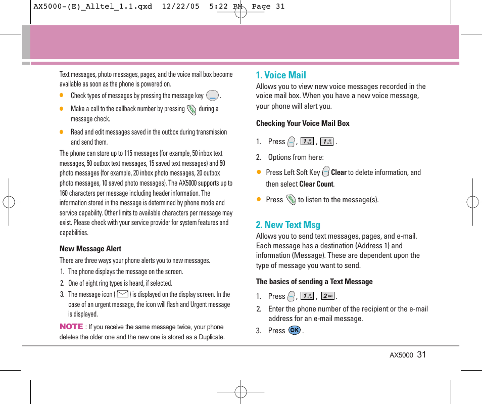 Voice mail, New text msg | LG AX5000 User Manual | Page 33 / 174