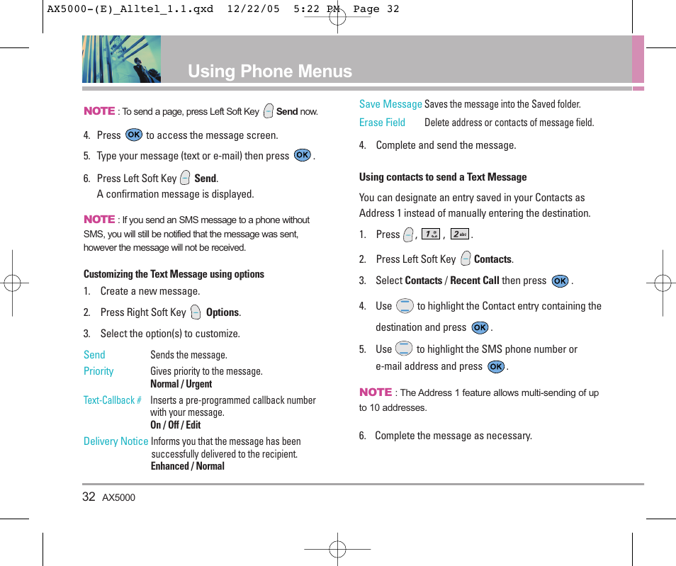 Using phone menus | LG AX5000 User Manual | Page 34 / 174