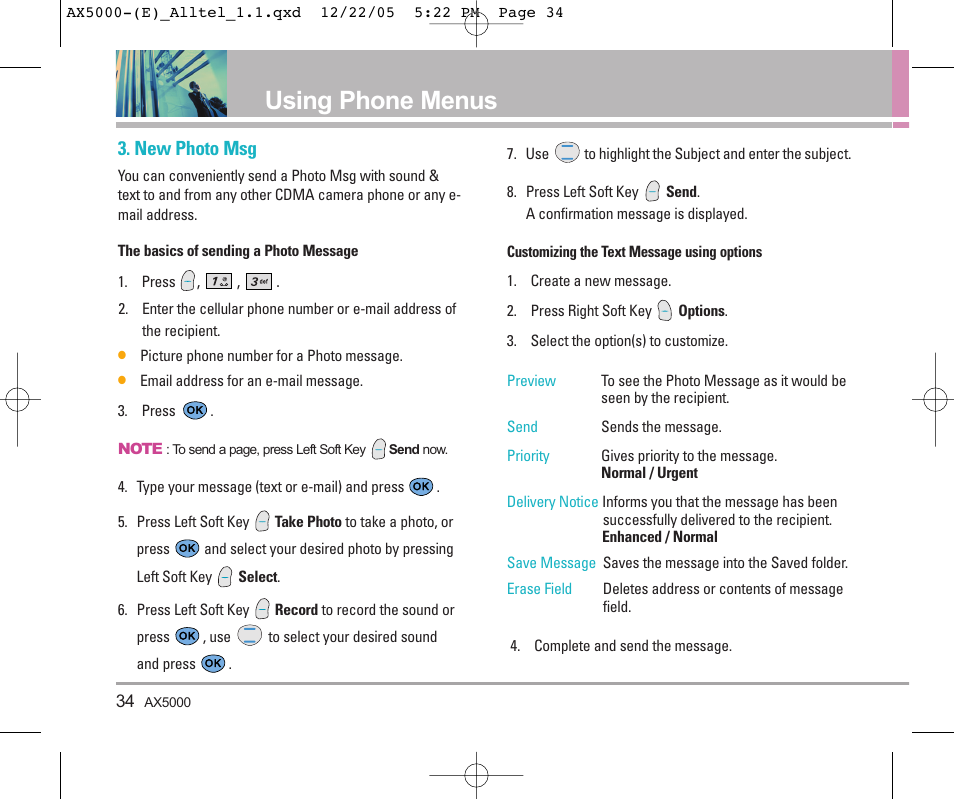 Using phone menus, New photo msg | LG AX5000 User Manual | Page 36 / 174