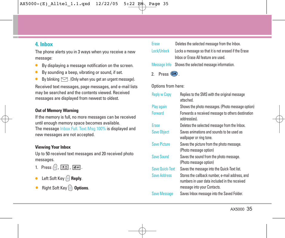 Inbox | LG AX5000 User Manual | Page 37 / 174