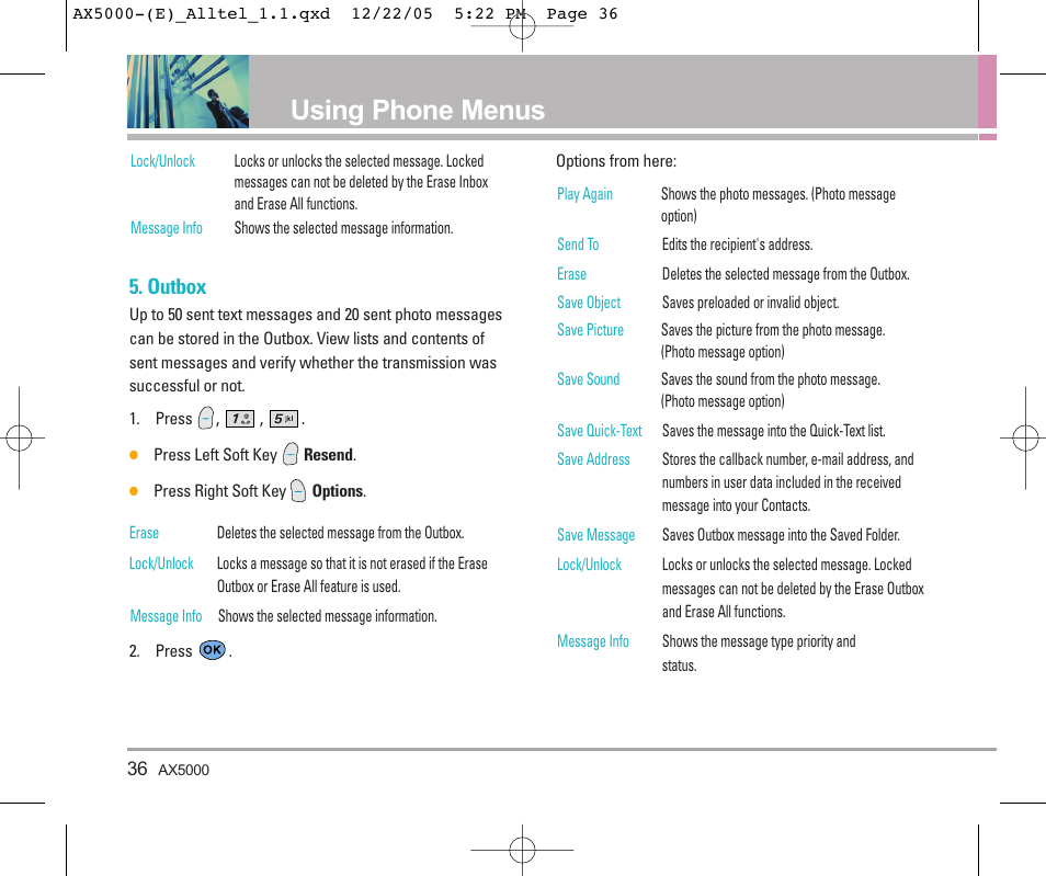 Using phone menus, Outbox | LG AX5000 User Manual | Page 38 / 174