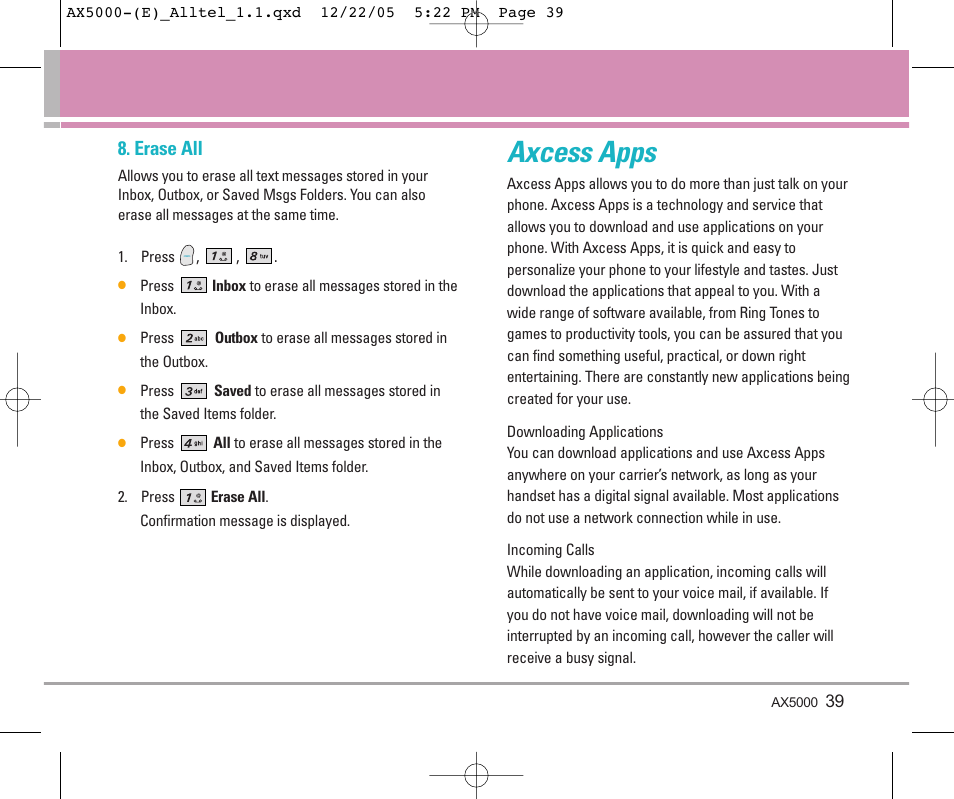 Axcess apps, Erase all | LG AX5000 User Manual | Page 41 / 174