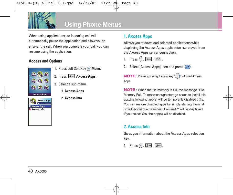 Using phone menus, Axcess apps, Axcess info | LG AX5000 User Manual | Page 42 / 174