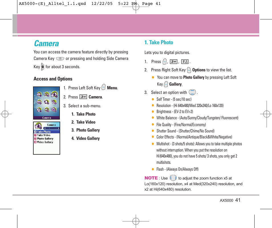 Camera, Take photo | LG AX5000 User Manual | Page 43 / 174