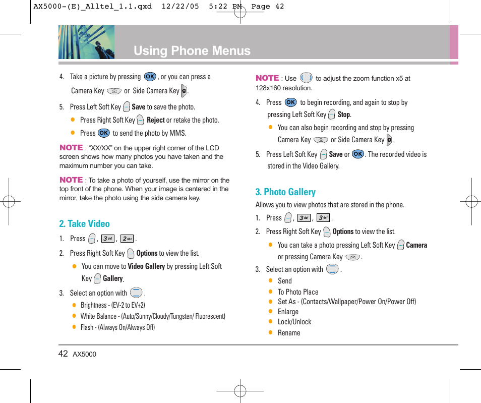 Using phone menus, Take video, Photo gallery | LG AX5000 User Manual | Page 44 / 174