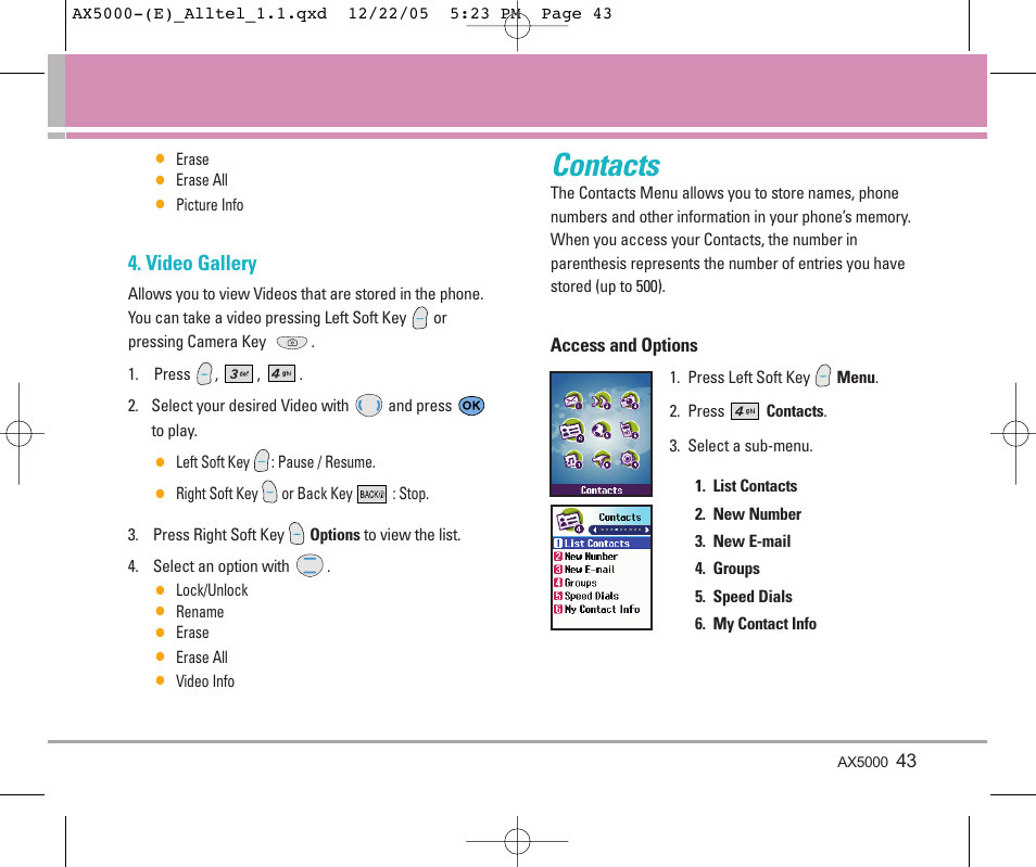 Contacts, Video gallery | LG AX5000 User Manual | Page 45 / 174