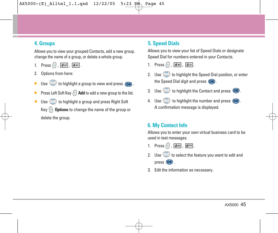 Groups, Speed dials, My contact info | LG AX5000 User Manual | Page 47 / 174