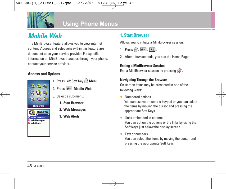 Mobile web, Using phone menus, Start browser | LG AX5000 User Manual | Page 48 / 174