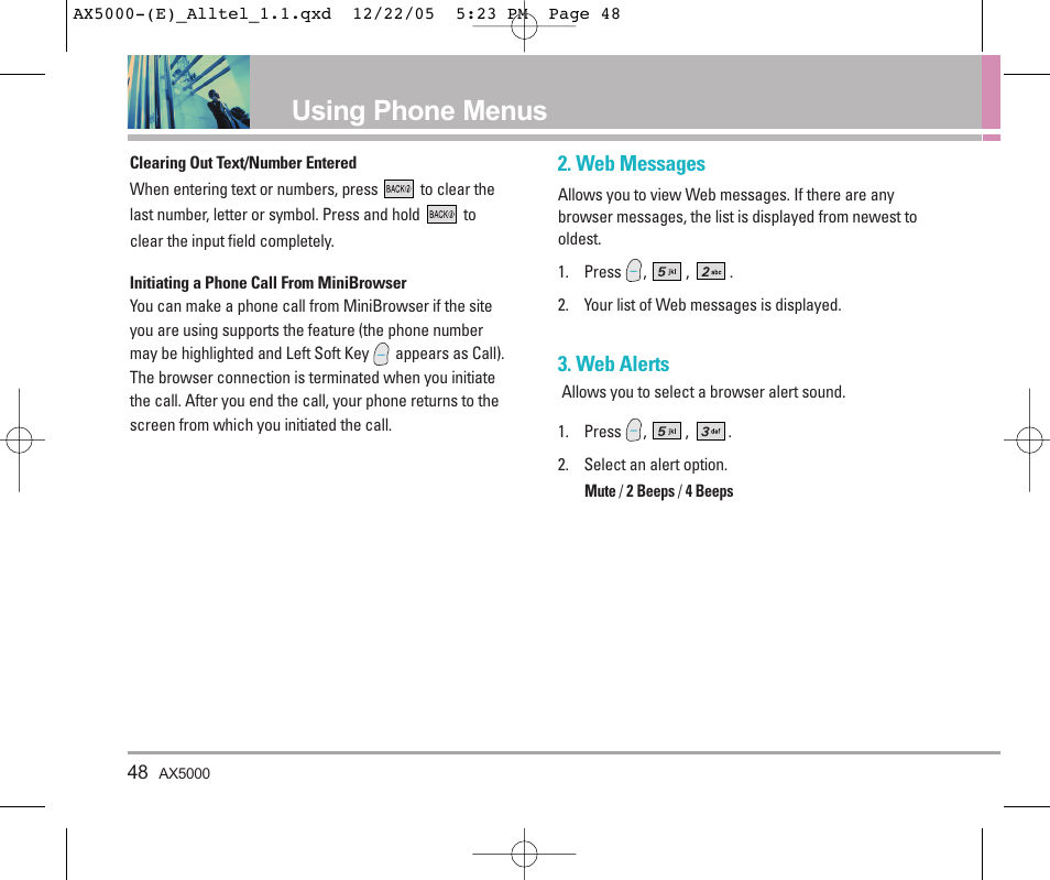 Using phone menus | LG AX5000 User Manual | Page 50 / 174