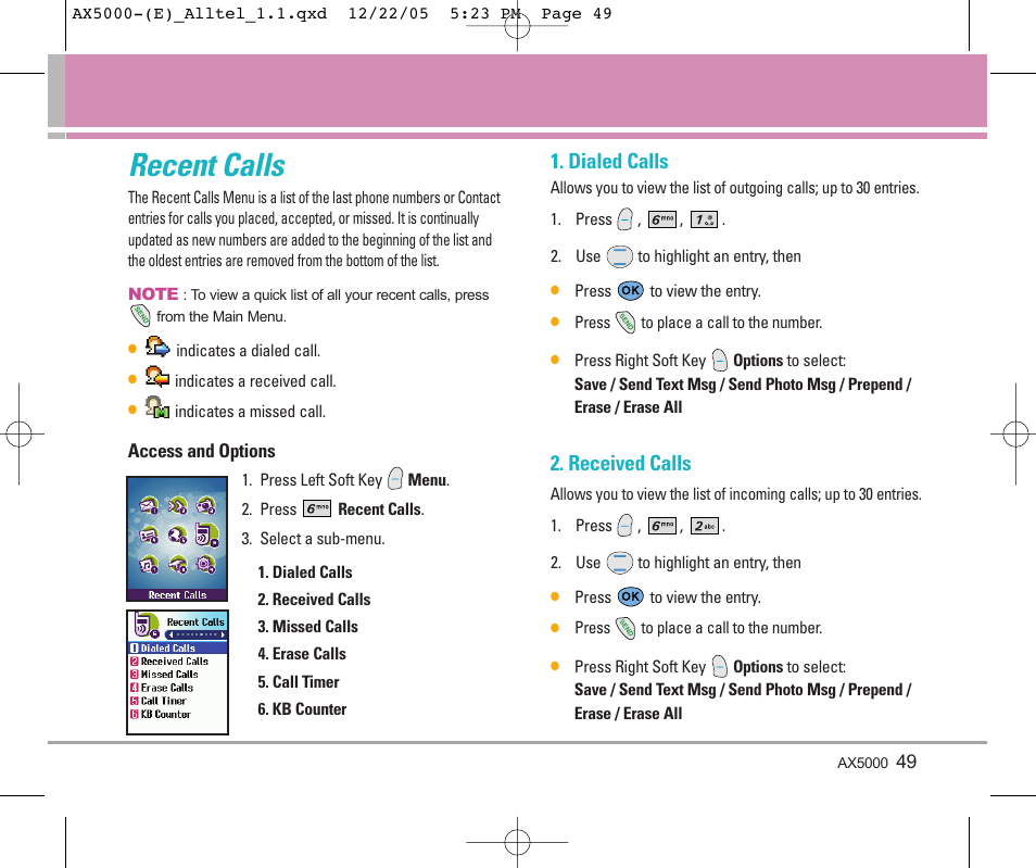 Recent calls, Dialed calls, Received calls | LG AX5000 User Manual | Page 51 / 174