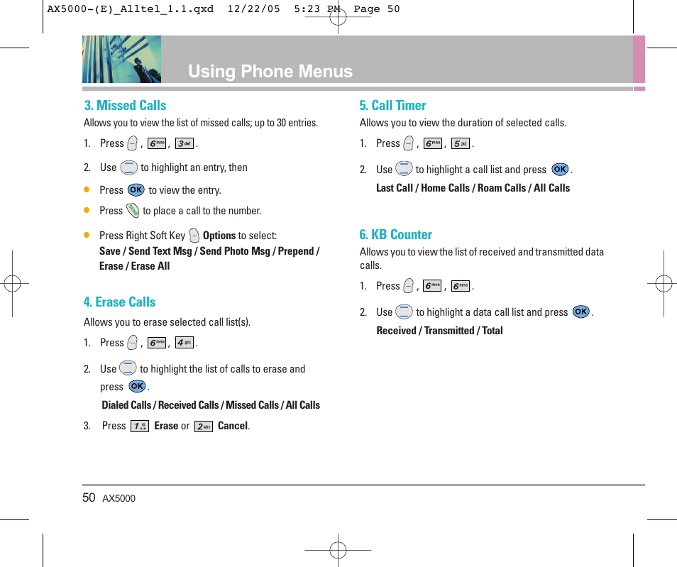 Using phone menus, Missed calls, Erase calls | Call timer, Kb counter | LG AX5000 User Manual | Page 52 / 174