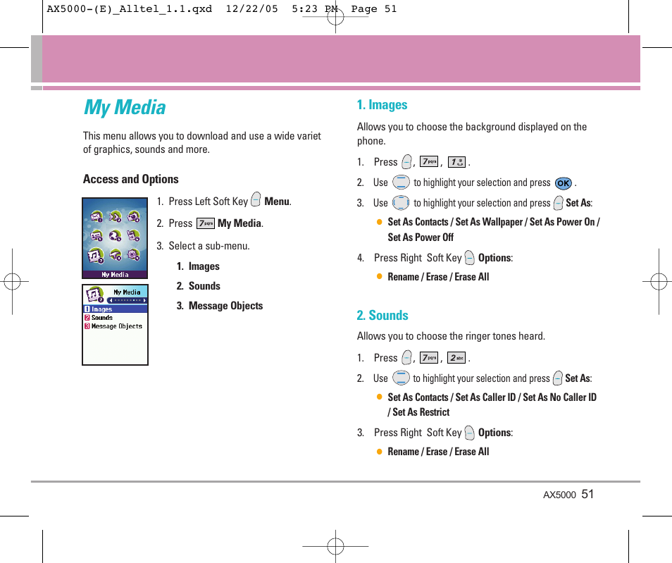 My media, Images, Sounds | LG AX5000 User Manual | Page 53 / 174