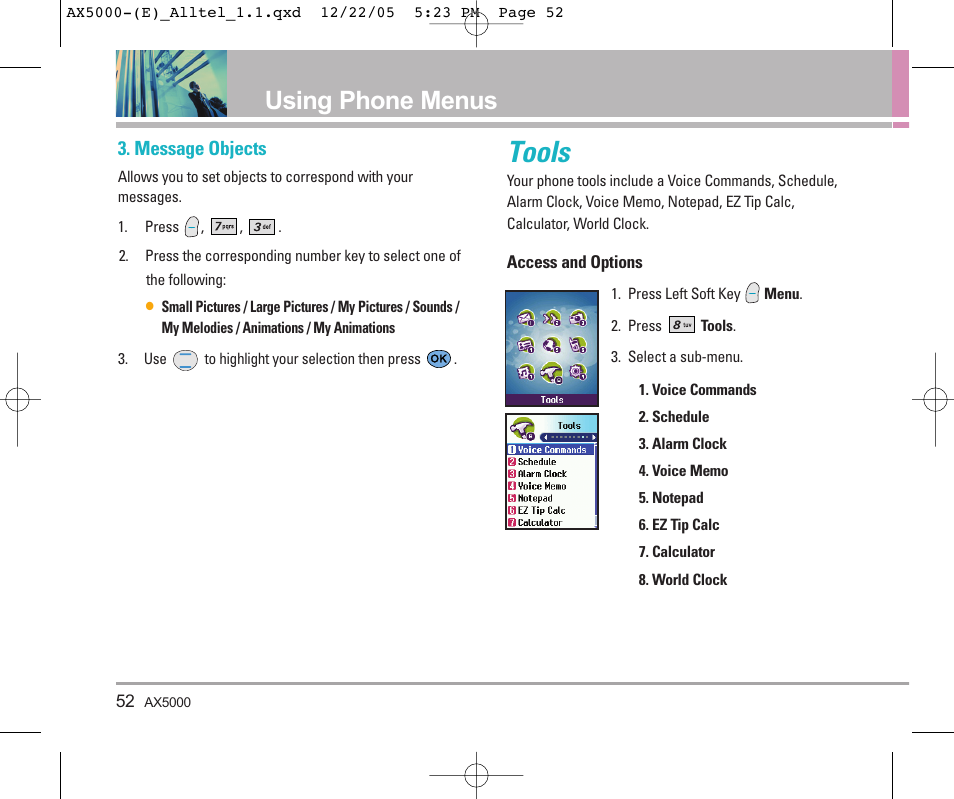 Tools, Using phone menus | LG AX5000 User Manual | Page 54 / 174