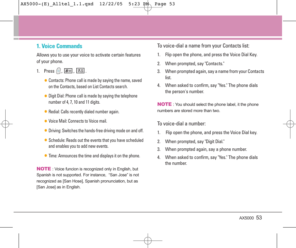 Voice commands | LG AX5000 User Manual | Page 55 / 174