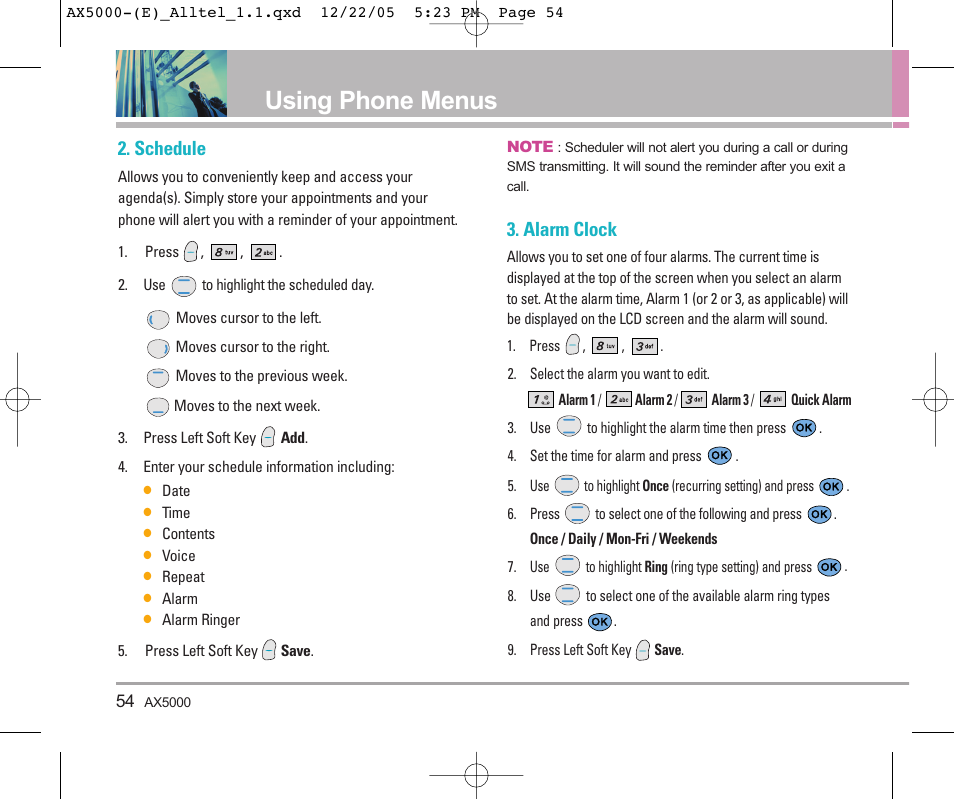 Using phone menus, Schedule, Alarm clock | LG AX5000 User Manual | Page 56 / 174