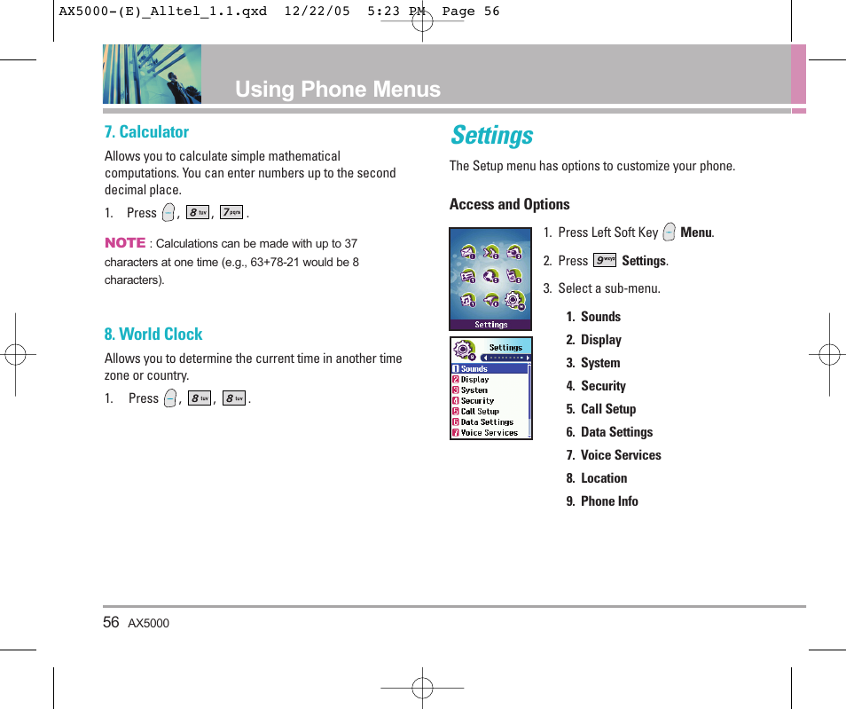 Settings, Using phone menus, E menususing phone me | LG AX5000 User Manual | Page 58 / 174