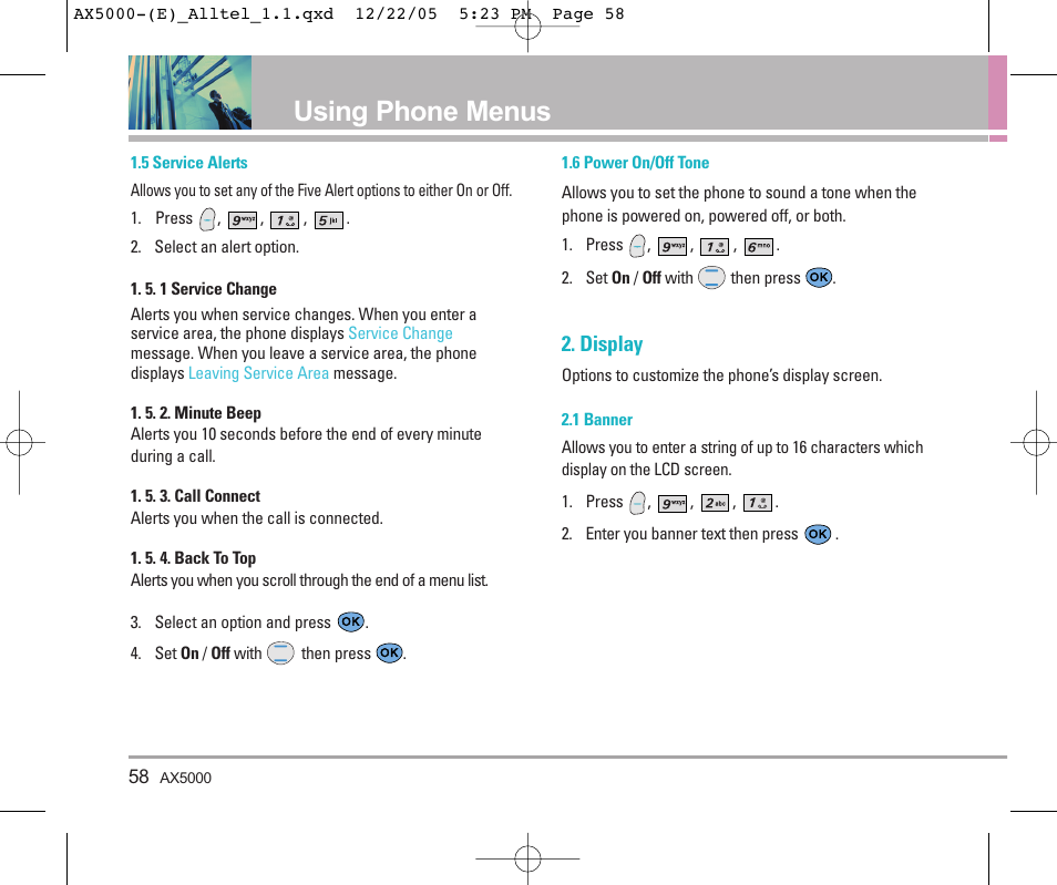 Using phone menus, Display | LG AX5000 User Manual | Page 60 / 174