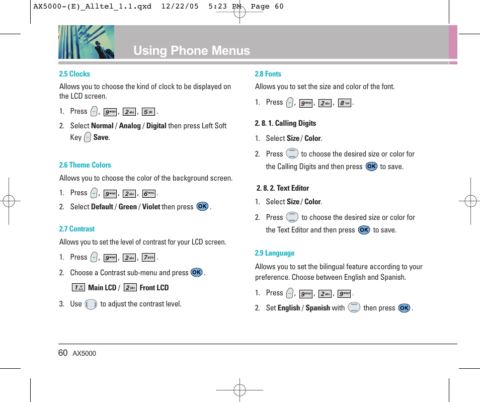 Using phone menus | LG AX5000 User Manual | Page 62 / 174