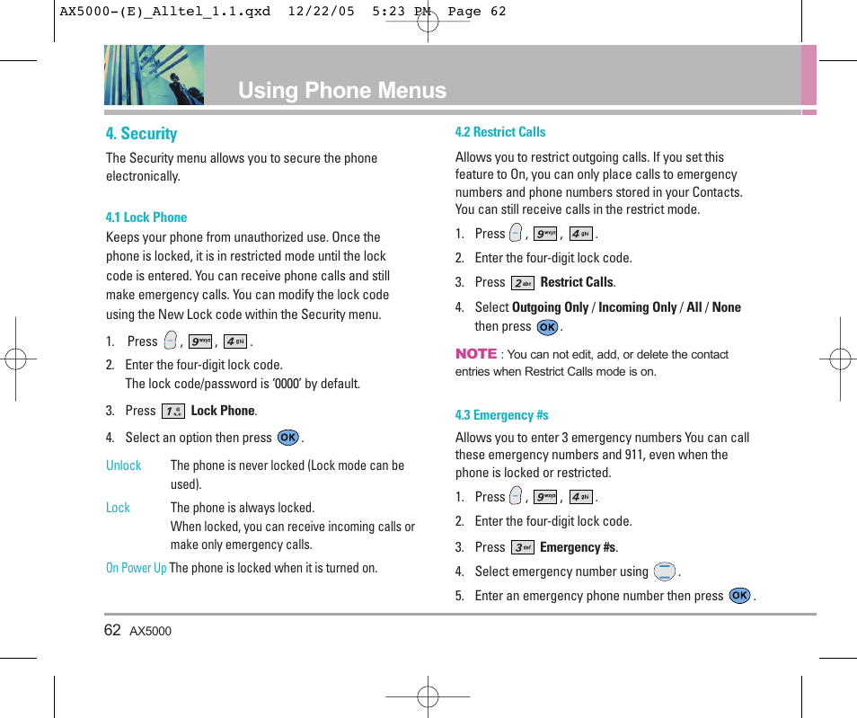 Using phone menus, Security | LG AX5000 User Manual | Page 64 / 174