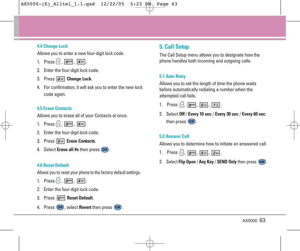 Call setup | LG AX5000 User Manual | Page 65 / 174