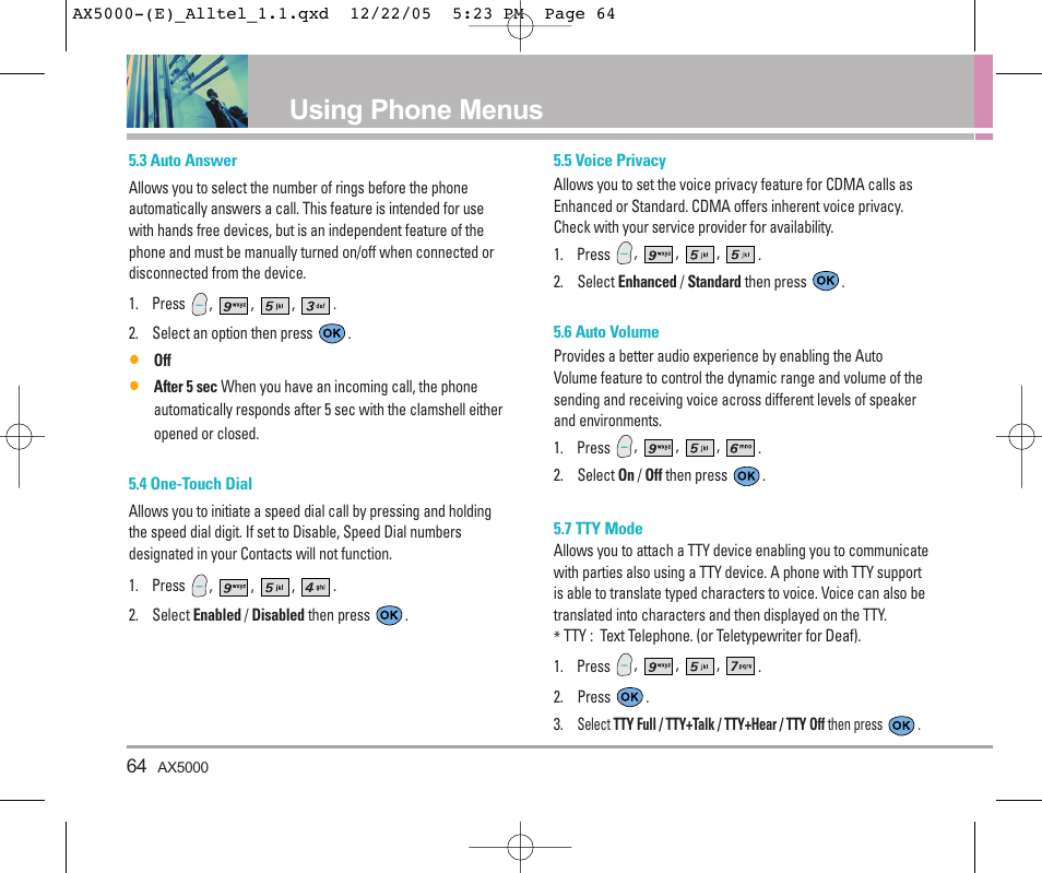 Using phone menus | LG AX5000 User Manual | Page 66 / 174