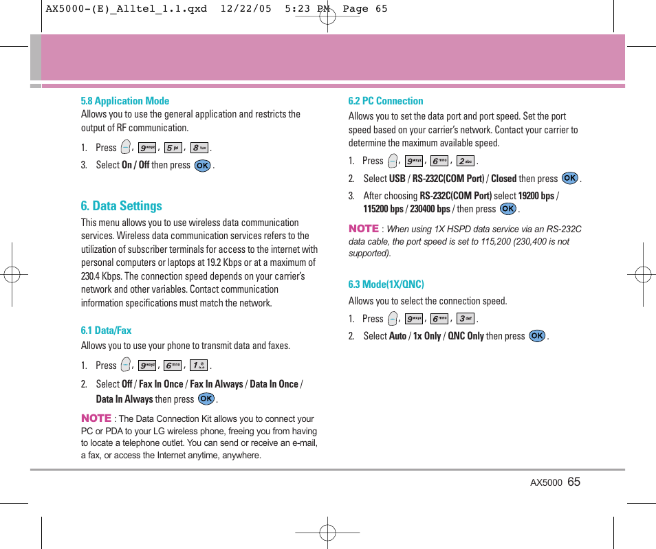 Data settings | LG AX5000 User Manual | Page 67 / 174