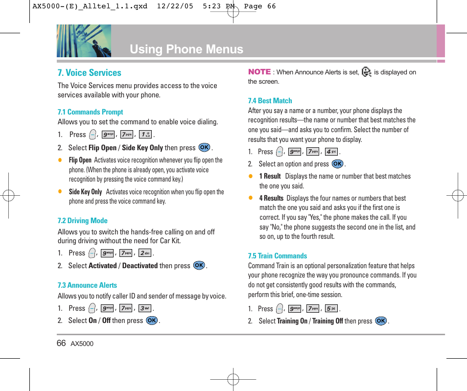 Using phone menus, Voice services | LG AX5000 User Manual | Page 68 / 174