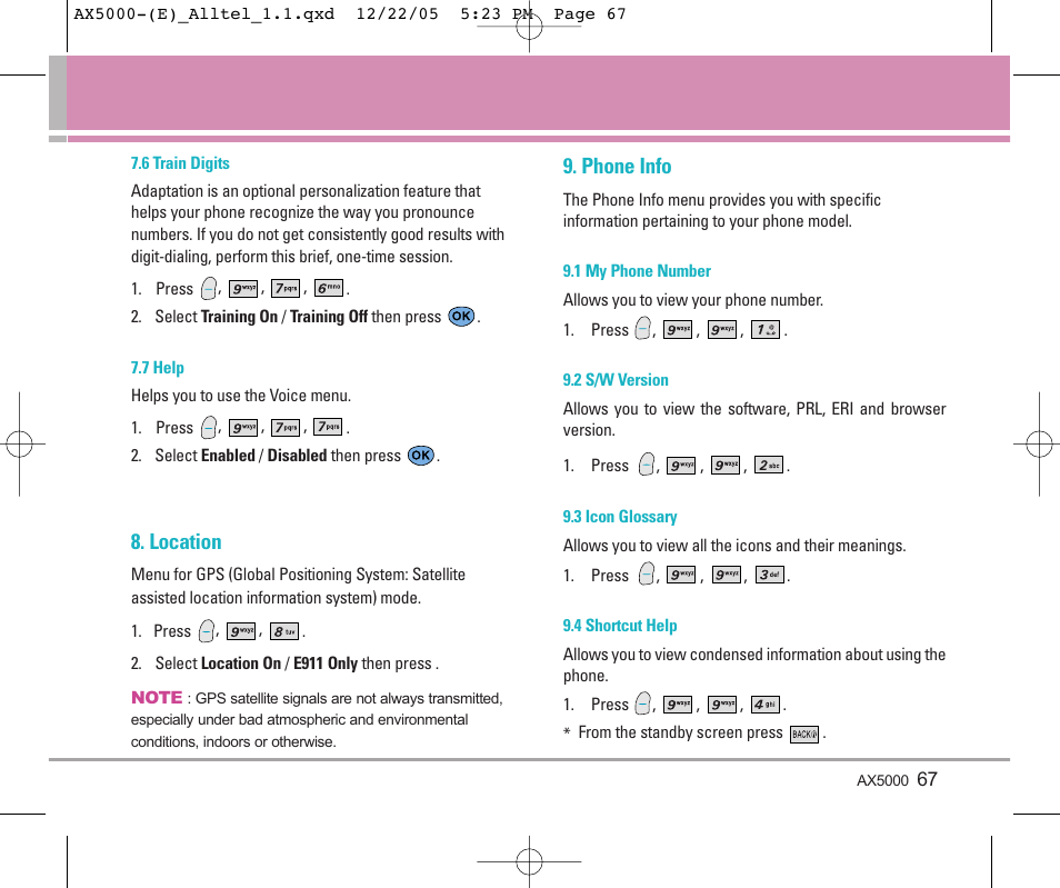 Location, Phone info | LG AX5000 User Manual | Page 69 / 174