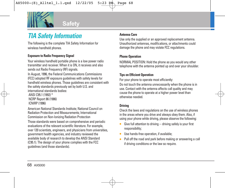 Tia safety information, Safety | LG AX5000 User Manual | Page 70 / 174