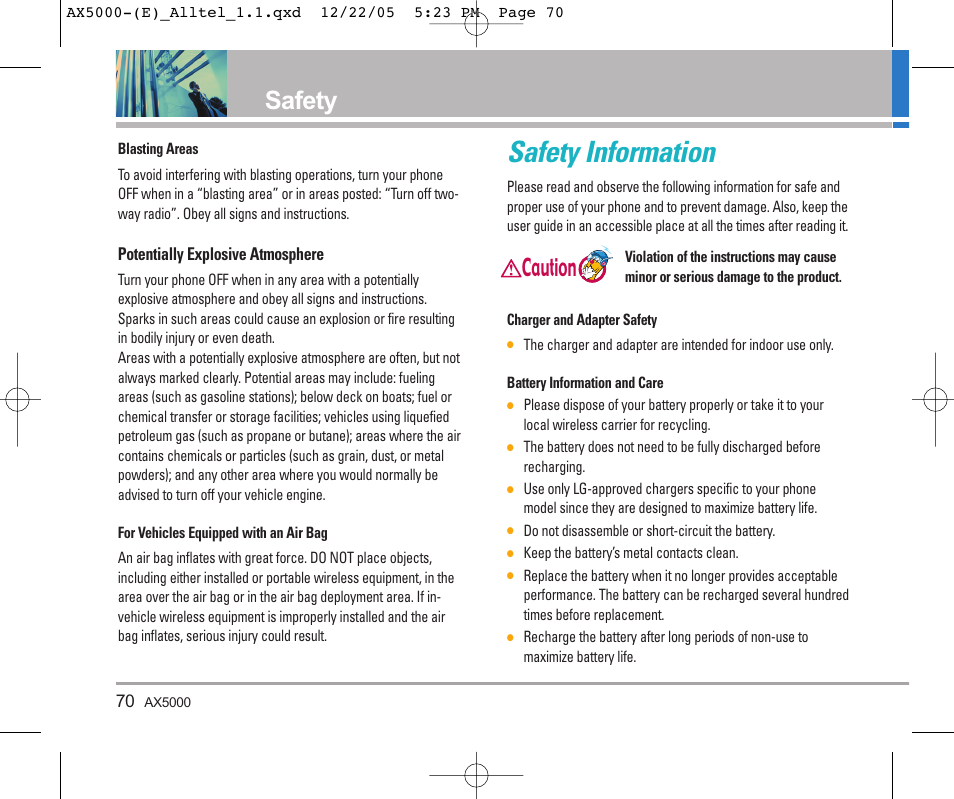 Safety information, Safety, Caution | LG AX5000 User Manual | Page 72 / 174